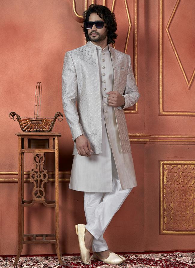 Silk Grey Wedding Wear Computer Thread Readymade Sherwani Set